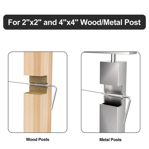 3/16 Inch Invisible Cable Railing Kit 40 Pack For Wood And Metal Deck Posts featuring installation on 2x2 wooden and 4x4 metal posts.