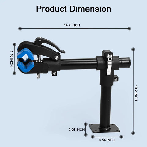 Must Have Space Saving Bike Repair Stand For Easy Maintenance, Beast Of A Clamp With 1.2 To 2.5 Inch Range, dimensions labeled.