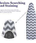 Heat Reflective Ironing Board Cover And Pad With Thick Padding, Stain Resistant And Scorch Safe, Standard Size 15x54, Adjustable Fit, Black And White Chevron Pattern For Faster, Smoother Ironing shown with close-up and full view.
