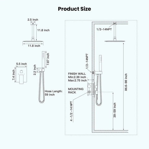 All In One Ceiling Mount Shower System With 12 Inch Rainfall Showerhead And Handheld Sprayer dimension diagram