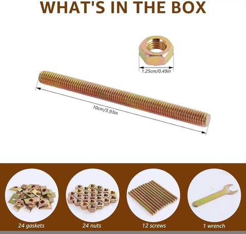 Rock Solid Hold Alloy Steel Miter Bolts For Butcher Block Furniture And Wooden Tables, 5/16 Inch By 3-1/2 Inch Hidden Woodworking Fasteners With Nuts And Curved Washers, 12 Piece Set contents including bolts and nuts.