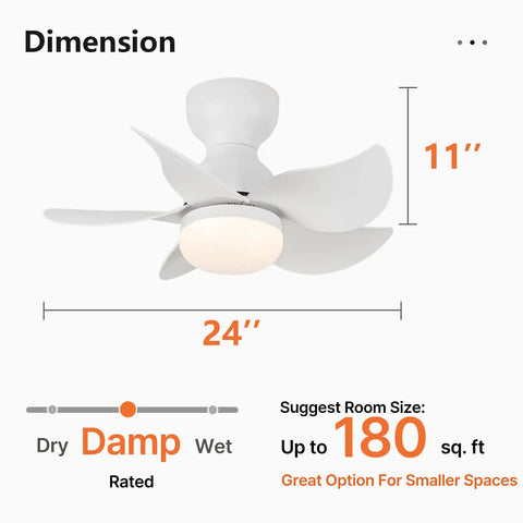 Dimensions of Dope 24 Inch Flush Mount Ceiling Fan With Light Kit, Remote Control, 5 Blades, Low Profile White Indoor Ceiling Fan