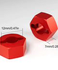 Anodized Aluminum 12mm Hex Wheel Hubs Upgrade Kit for Traxxas with red CNC design showing dimensions of 12mm by 7mm.