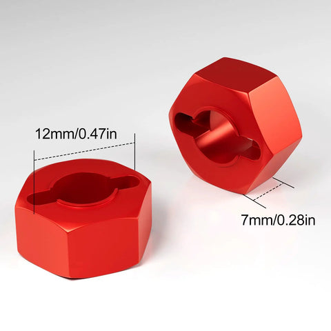 Anodized Aluminum 12mm Hex Wheel Hubs Upgrade Kit for Traxxas with red CNC design showing dimensions of 12mm by 7mm.