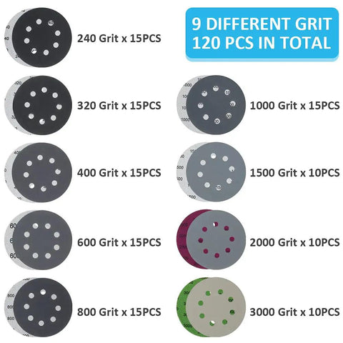 Assorted 120Pcs 5 Inch Hook And Loop Sanding Discs Set For Wet Dry Sanding Silicon Carbide Flocking Pads With 8 Hole Grits 240-3000