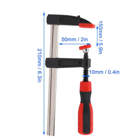 6 Inch Bar Clamp Heavy Duty F Style Clamping Tool With 300lbs Grip Power For Woodworking Projects In The Shop Alloy Steel With ABS Handle And A 5.9 Inch Jaw Opening 1 Pack, side view with dimensions