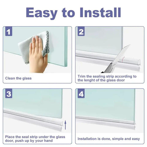 Installation steps for Frameless Shower Door Bottom Seal With Drip Rail For Three Eighths Inch Glass, 27.5 Inch Length.