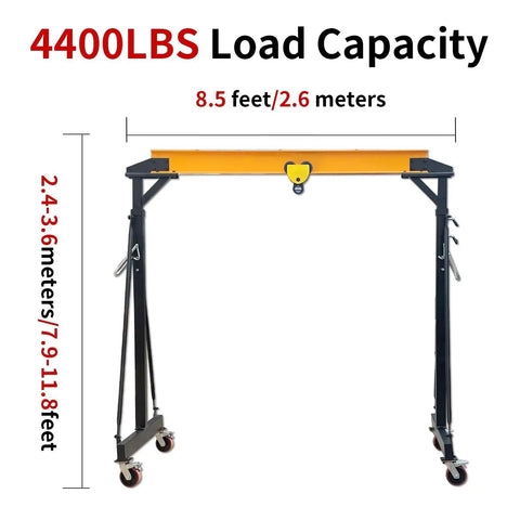 Portable Gantry Crane Boasting A Legit 4400 Lbs Lift Capacity And Fully Adjustable Height From 78 To 118 Inches, black and yellow steel design.