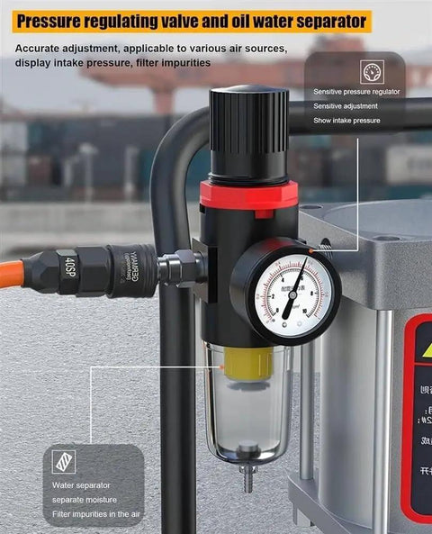 Pressure regulating valve and oil water separator for Heavy Duty Pneumatic Grease Pump With 80 To 1 Pressure Ratio And Fast Injection Output.