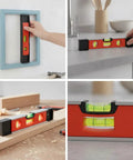 Spirit Level, New Yellow Level 23CM in use, checking picture frame alignment on wall, bright bubble vials visible.