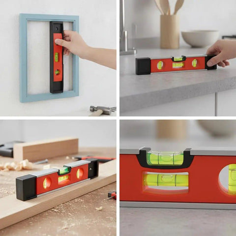 Spirit Level, New Yellow Level 23CM used for leveling a picture frame and on a countertop for DIY tasks.