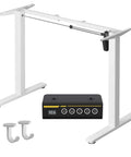 Sick Of Bad Posture Grab This Awesome Adjustable Height Electric Standing Desk Frame With A Powerful Dual Motor System That Handles Heavy Loads For Your Gaming Or Home Office Setup Fast And Super Quiet Operation, white frame with control panel and hooks.