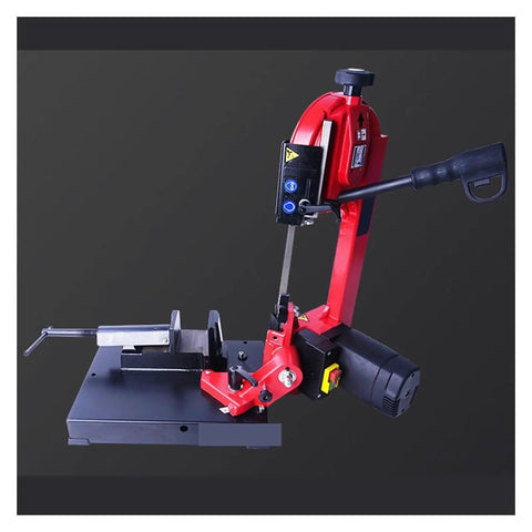 Heavy Duty Horizontal Metal Band Saw Machine Packed With A Beefy 600 Watt Motor is shown from the side with cutting blade and table.
