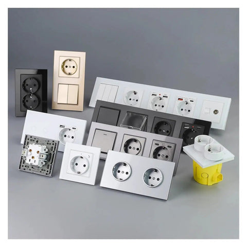 Stunning French Style 16A Double Wall Socket Boasts Tempered Glass Panel And Fresh Black Look For 220V Systems Slips Into European Round Boxes Smoothly With Rock Solid Build That Hangs Tough For Crib Reno Projects 122X82mm shown in various designs.