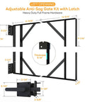 Heavy Duty Anti Sag Gate Kit With Left Opening Latch And Adjustable Bracket Gate Frame Hardware For Wooden Fence Or Patio Fits 24 To 60 Inch Wide Openings Works With 2x4 Lumber, showing steel brackets and latch dimensions.