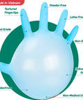 Close-up of Blue Disposable Nitrile Gloves For Kitchen Cooking And BBQ, 100 Percent Food Safe, Powder Free, features textured fingertips.
