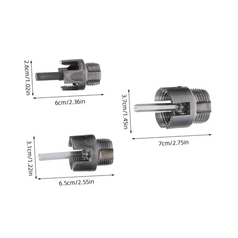 Top Rated Lalafina 3 Piece Pvc Pipe Threader Tool Kit With Internal External Thread Cutter Compatible With Electric Drills For Plumbing And Diy Projects To Speed Up Repair Work On One Half Three Quarter And One Inch Pipes With Reliable Performance showing three pipe thread cutting attachments with sizes.