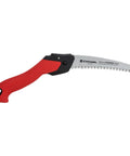 7 Inch Folding Pruning Saw With Fast Cut Razor Tooth Blade Heavy Duty Hand Tool For Tree Branch Trimming And Yard Cleanup showing ergonomic red handle and sharp blade.