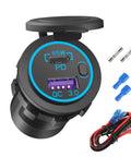 Heavy Duty 12V USB C Outlet Pushes Out Slick 65W PD3.0 And 18W Quick Charge 3.0 waterproof car socket with toggle switch and wiring.