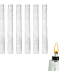 Six Pack 5.1 Inch Fiberglass Wicks For Tiki Torches And Oil Lamps Long Lasting Citronella Replacement Wicks displayed with lit torch.