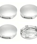 Four Pack Wheel Center Caps Silver Finish Snap In Rim Hub Covers Heavy Duty Abs Composite, showing front and back views.