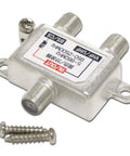 Compact silver Antenna Splitter For TV Signals That Splits Terrestrial Digital And BS CS Broadcasts, with F-type jacks and screws