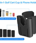 Universal Adjustable Golf Cart Cup Holder And Phone Mount Fits Ezgo Club Car Yamaha Models with drink sizes and phone dimensions.