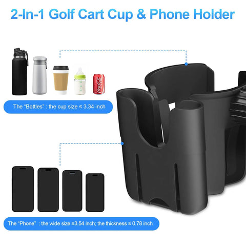 Universal Adjustable Golf Cart Cup Holder And Phone Mount Fits Ezgo Club Car Yamaha Models with drink sizes and phone dimensions.