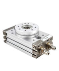 Double Acting Rotary Actuator For Pneumatic Systems, 90/180 Degree Swing Cylinder, shown with metal fittings and precise design.
