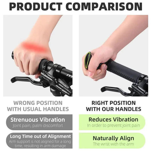 Comparison of bike handlebar grips showing Ergonomic No Slip Bike Handlebar Ends for MTB and Road Cyclocross Bikes Relieves Palm and Joint Pain