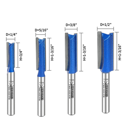 Plus Double Flute Straight Router Bit Set With 1/4 Inch Shank Includes 1/4, 5/16, 3/8, 1/2 Diameter Bits Updated C3 Carbide
