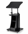 Slick Height Adjustable Standing Desk With Smooth Rolling Casters, Tilting Lectern Stand with open shelves and integrated storage.