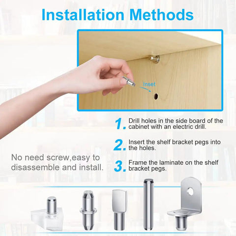 Mega Pack 150Pcs Shelf Pegs Set With 5 Styles Metal Shelf Pins Nickel Plated installation guide with hand demonstrating use