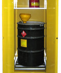 Heavy Duty 60 Gallon Flammable Storage Cabinet with black drum and funnel, featuring adjustable shelves, OSHA compliant.