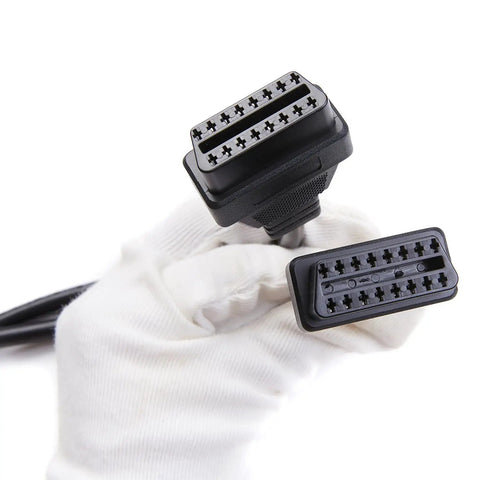 Right Angle OBD2 Splitter Y Cable 1 Male To 2 Female Extension 16 Pin OBDII Connector 1 Ft 30 Cm held by gloved hand