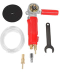 Front view of 4-inch pneumatic wet stone polisher with red grip, polishing disc, water hose, wrench and adapters