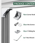 Package contents for 10 Pack 4040 Aluminum Extrusion Corner Brackets and 4080 Profile Connectors Kit with nuts, screws, and wrench.