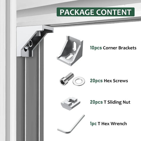 Package contents for 10 Pack 4040 Aluminum Extrusion Corner Brackets and 4080 Profile Connectors Kit with nuts, screws, and wrench.