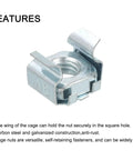 Pro Grade M8 X 1.25 Mm Snap In Cage Nuts Five Pack Zinc Plated Carbon Steel Heavy Duty Quick Swap Rack Hardware Server Cabinet Mounts close-up of a zinc coated cage nut.