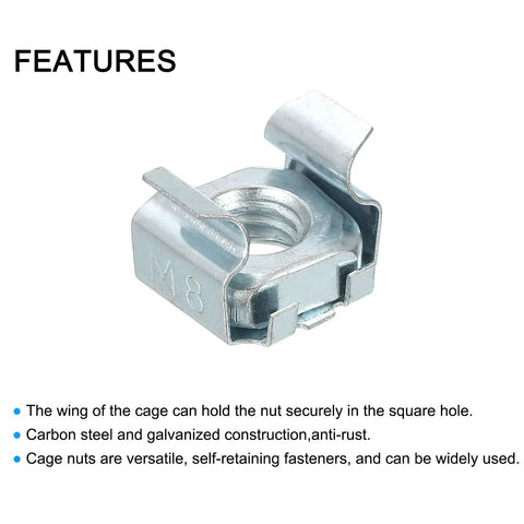 Pro Grade M8 X 1.25 Mm Snap In Cage Nuts Five Pack Zinc Plated Carbon Steel Heavy Duty Quick Swap Rack Hardware Server Cabinet Mounts close-up of a zinc coated cage nut.
