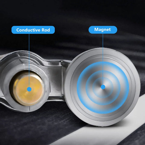 Top Tier Magnetic Welding Ground Clamp With Heavy Duty 40kg Hold Fast Grip For Super Stable High Conductivity Electrical Connections Rated For 300A Current showing conductive rod and magnet details.
