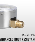 Low Pressure Gas Line Gauge With Capsule System, chrome-plated case, brass NPT mount, showing dust plug for resistance.