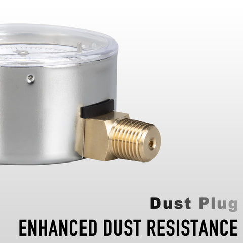 Low Pressure Gas Line Gauge With Capsule System, chrome-plated case, brass NPT mount, showing dust plug for resistance.