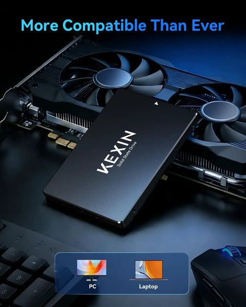 2.5 Inch 128GB SATA III Internal SSD Upgrade placed on desktop components with GPU and keyboard, showcasing compatibility for laptops and desktops.
