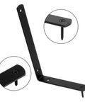 10 Pack Black Cast Iron L Shelf Brackets Heavy Duty Corner Braces Support Sixty Six Pounds Rust Resistant Wall Mount Hardware For Seven Inch Boards close-up showing screw and angle design.