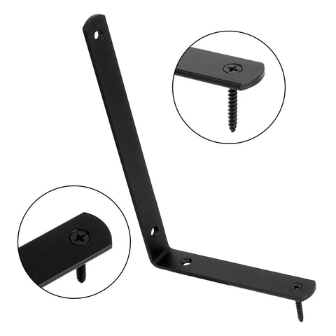 10 Pack Black Cast Iron L Shelf Brackets Heavy Duty Corner Braces Support Sixty Six Pounds Rust Resistant Wall Mount Hardware For Seven Inch Boards close-up showing screw and angle design.