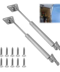 2 Pack Drop Down Gas Struts 150N 33 Lbs Soft Close Lid Supports with screws, for cabinets and desks, shown installed, not for toy boxes