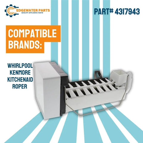Replacement Icemaker For Whirlpool, KitchenAid, Kenmore And More, Rear Freezer Icemaker with compatibility text and brand logos.
