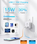 Compact Cube Power Strip With Three USB Ports And USB C Non Surge Protector Outlet Extender Without Extension Cord on wall socket with cables