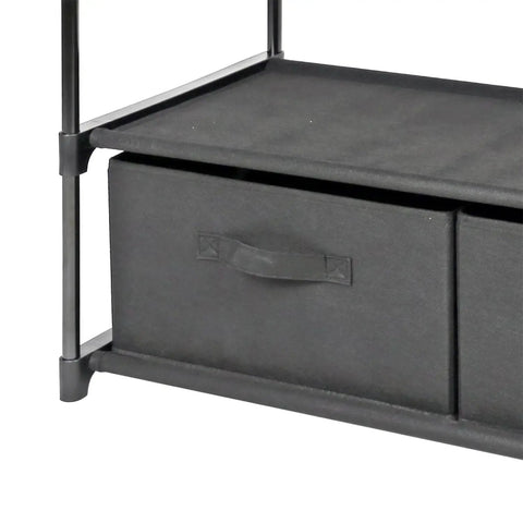 Four Shelf Closet Storage Rack Featuring Two Removable Fabric Storage Boxes Zero Sweat Metal Frame Assembly showing fabric bins in black